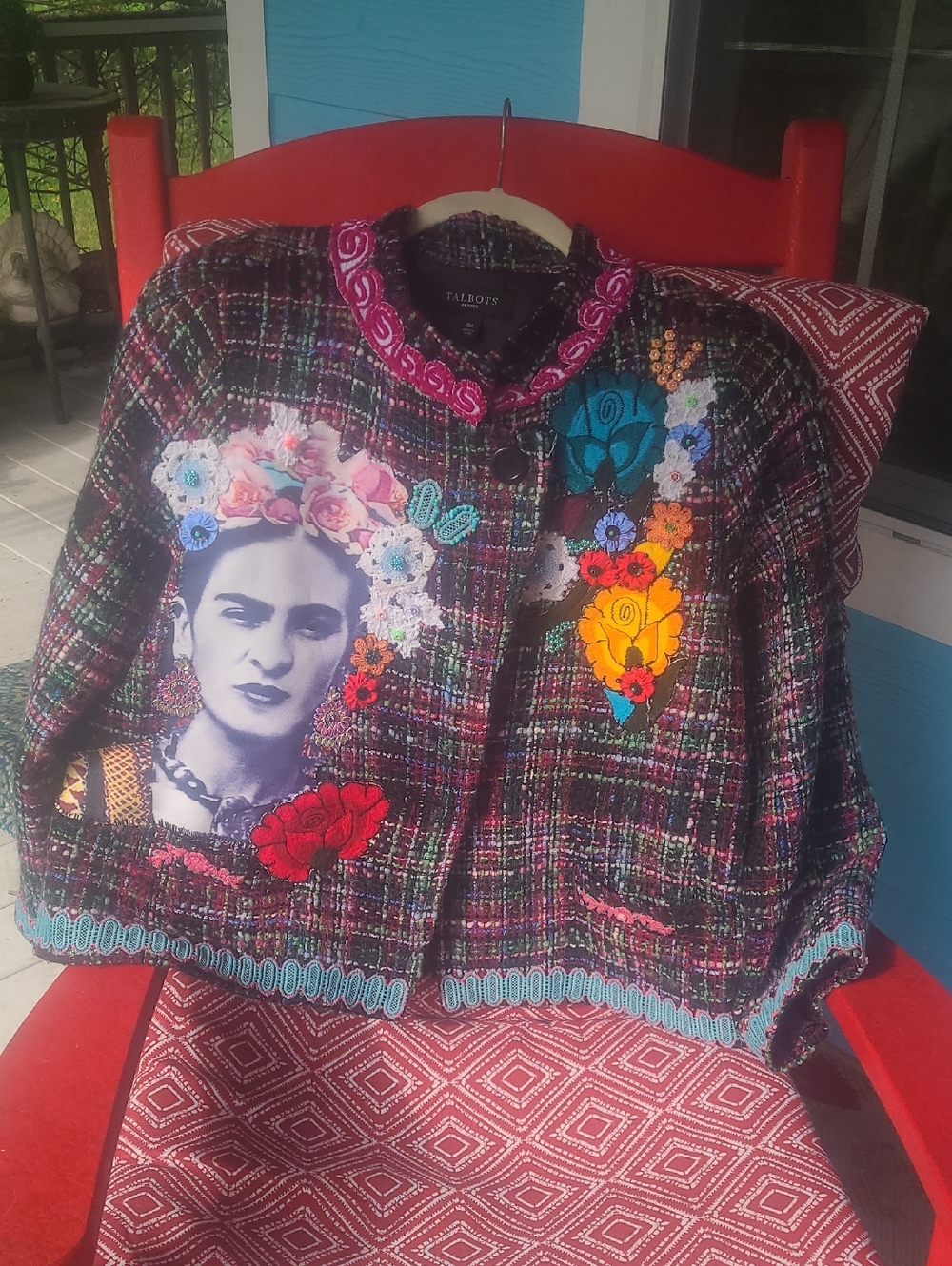 Talbots Multicolor Tweed Jacket with Floral Frida Motif Artist Upcycled 16 Petit